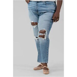 Good American Medium Wash Good Boy Straight Distressed Blue Denim Jeans, Size 6